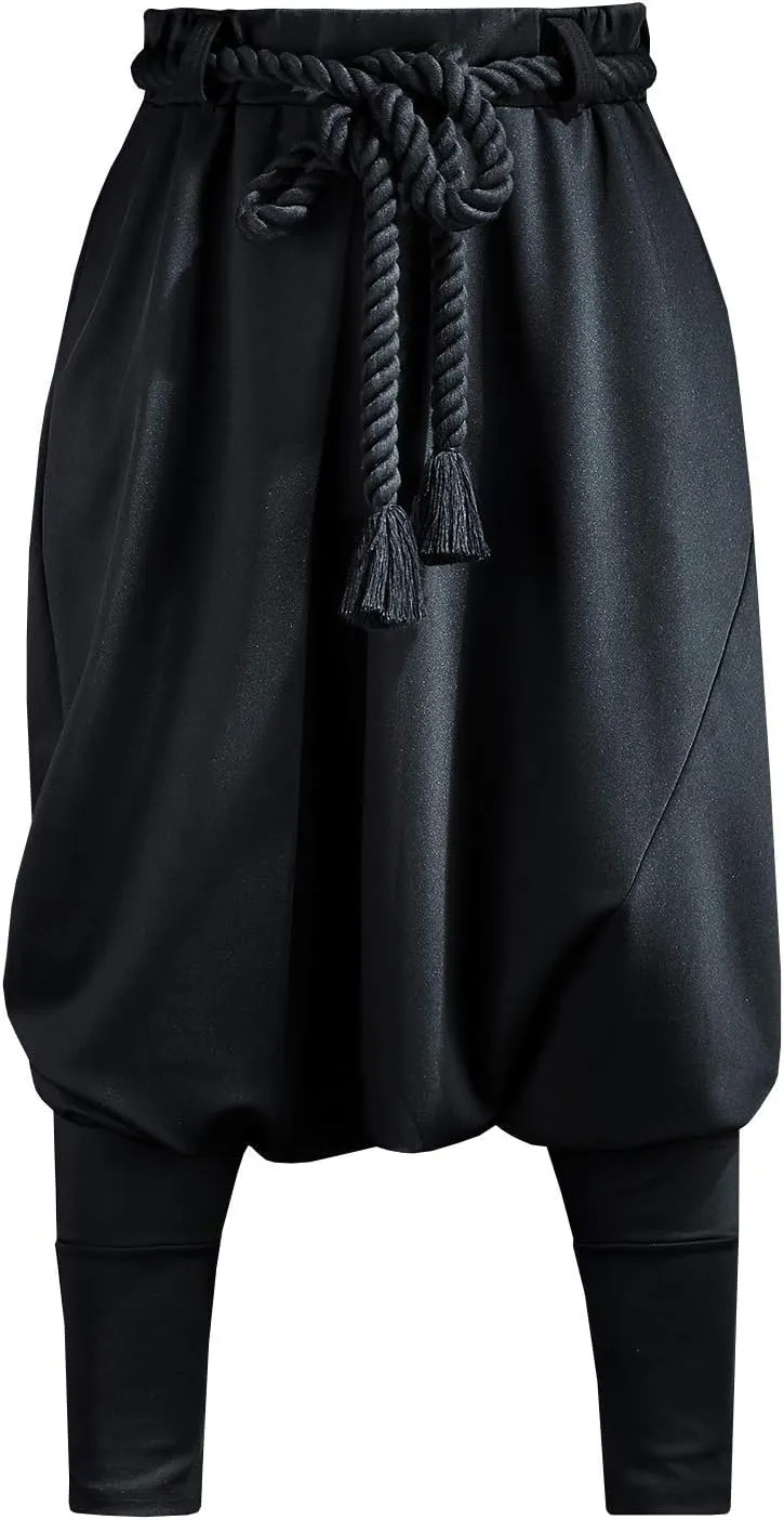 Harem Pants for Men Goth Genie Boho Baggy Trousers with Rope Belt Drop Crotch Festival Streetwear Black