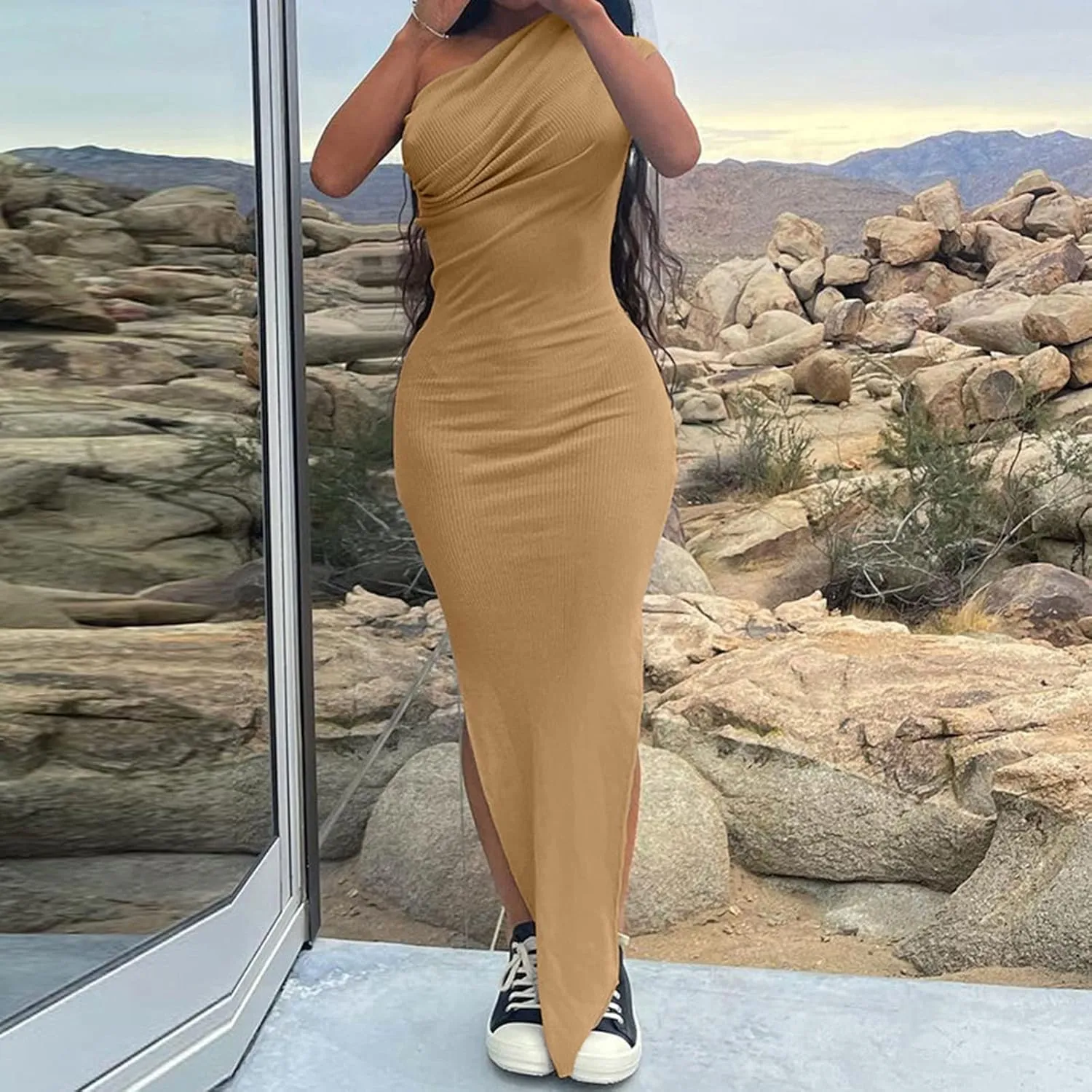 HGOOGY Plus Size Summer Dresses Oversized Women Sexy Dress One Off Shoulder Sleeveless Dress Cotton Midi Dress