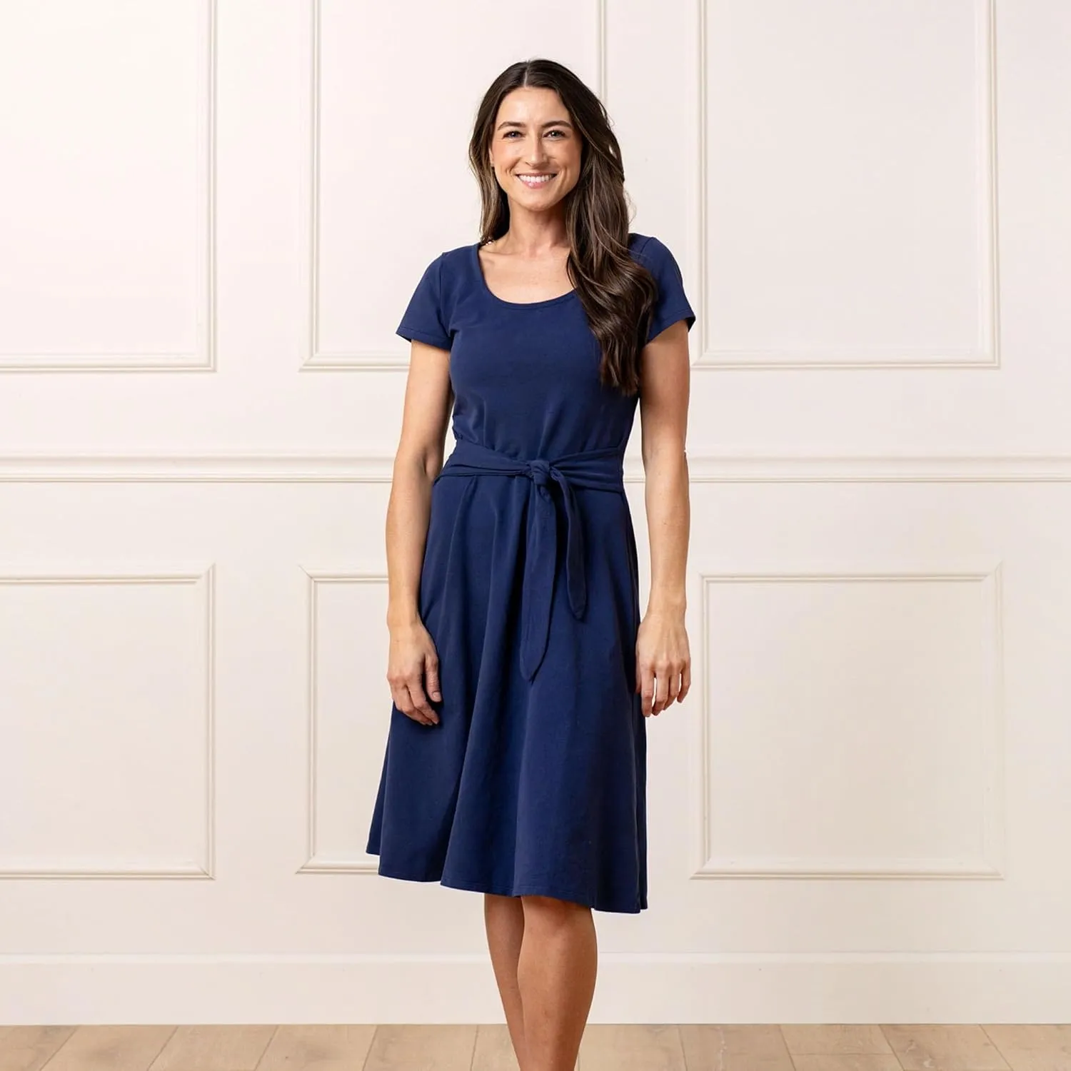 Hope & Henry Women's Short Sleeve Tie-Front Knit Dress