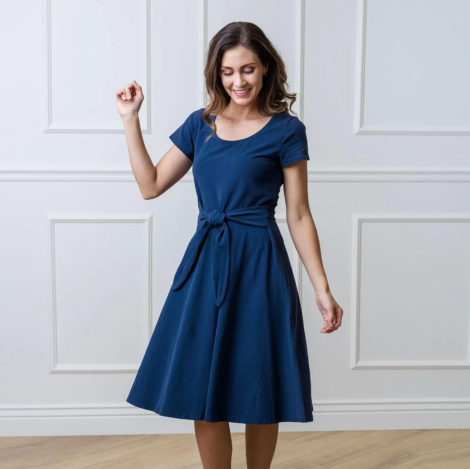 Hope & Henry Women's Short Sleeve Tie-Front Knit Dress