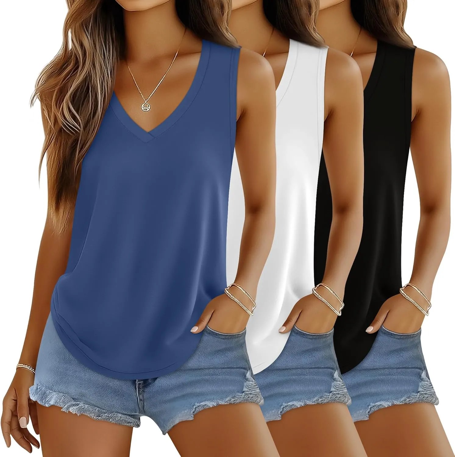 Huukeay 3 Pack Women's Tank Tops V Neck Loose Fit Casual Shirts Flowy Trendy Sleeveless Summer Basic Tee 2025 Fashion