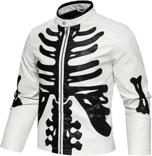 INVACHI Men's Faux Leather Jacket with Skeleton Design Waterproof Motorcyle Jacket PU Leather Jacket for Men