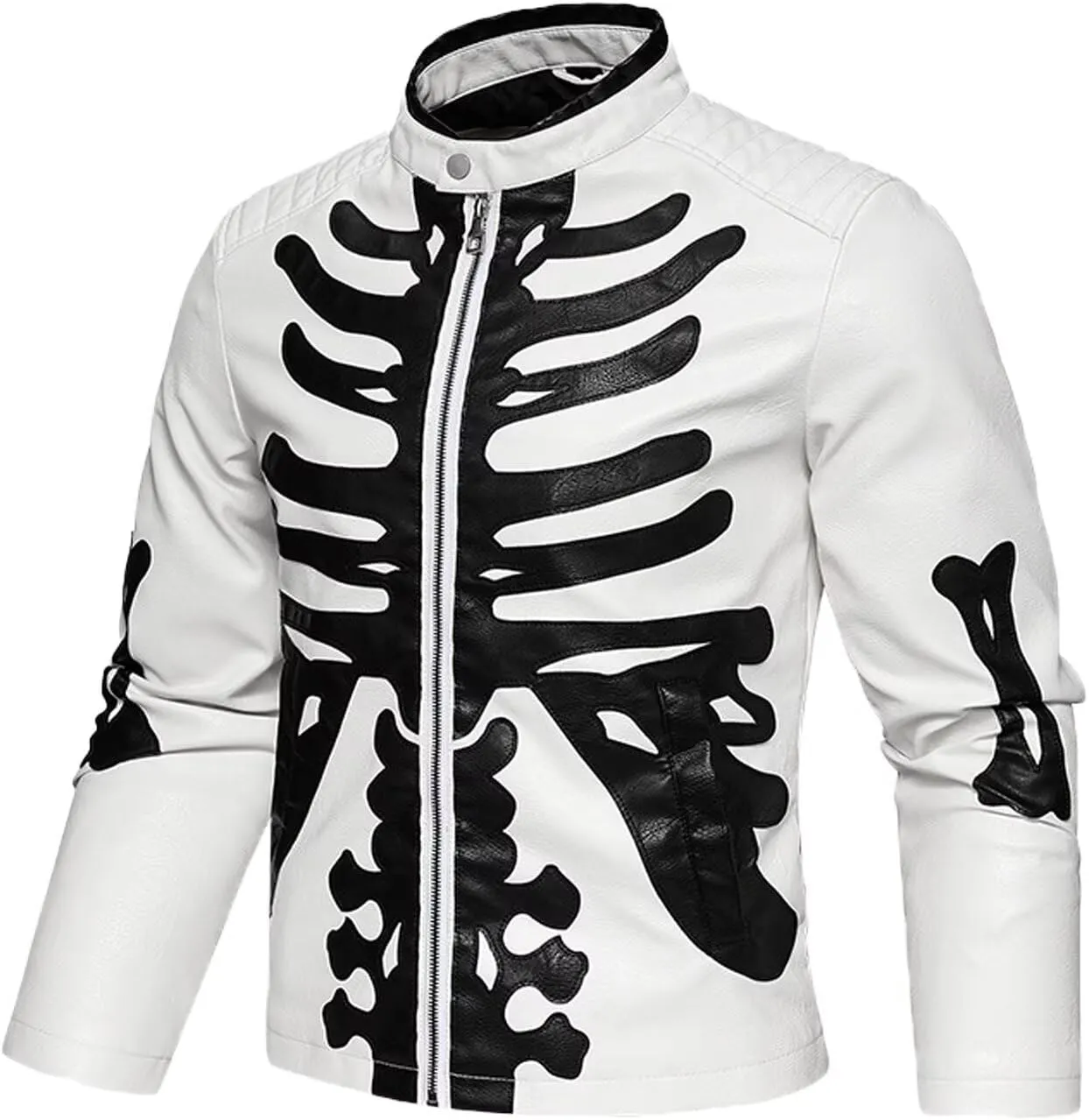INVACHI Men's Faux Leather Jacket with Skeleton Design Waterproof Motorcyle Jacket PU Leather Jacket for Men