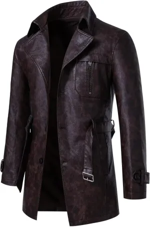 INVACHI Men's Faux Leather Trench Coat Mid-Length PU Motorcycle Jacket with Belt Waterproof Windbreaker
