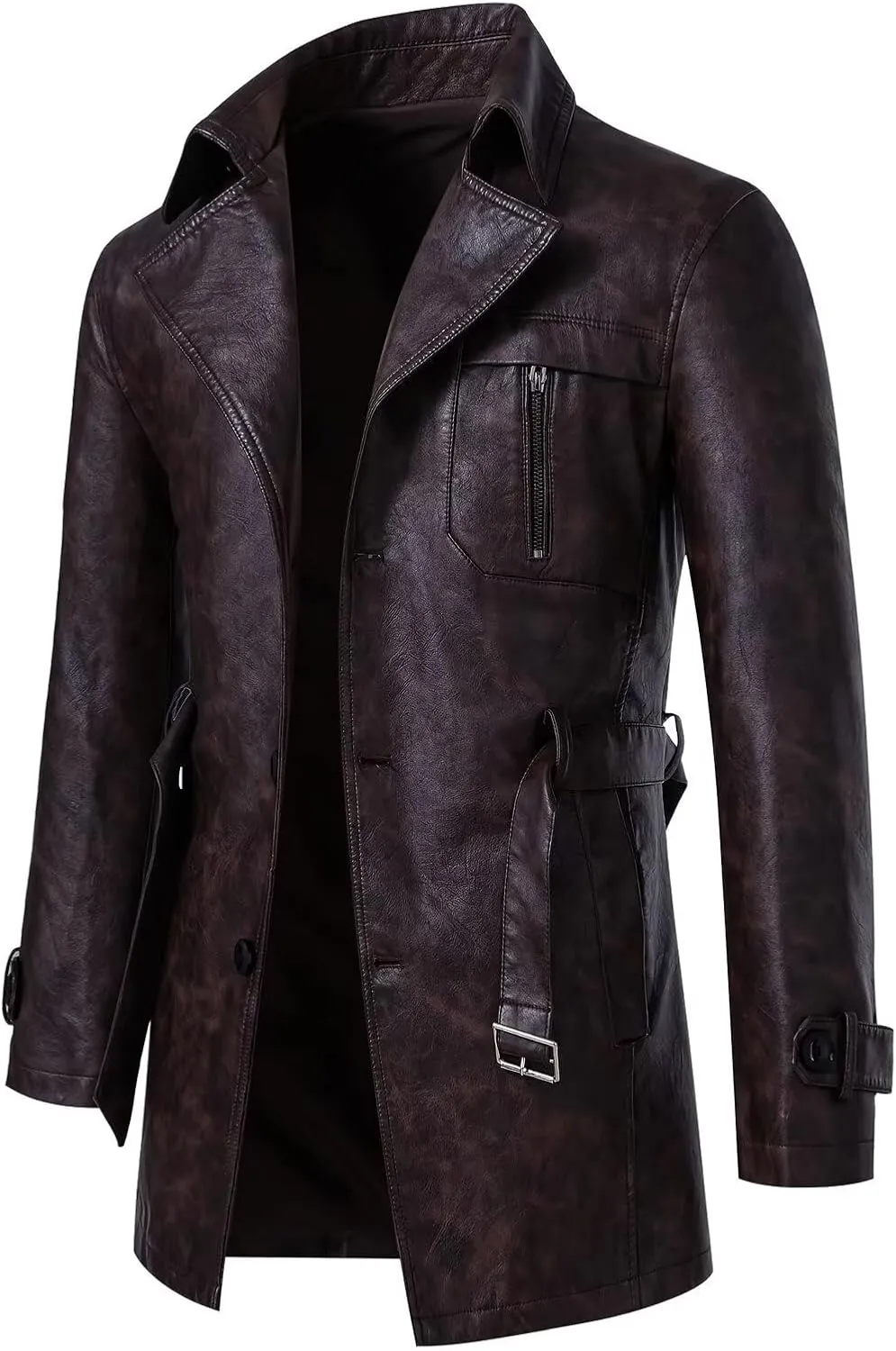 INVACHI Men's Faux Leather Trench Coat Mid-Length PU Motorcycle Jacket with Belt Waterproof Windbreaker