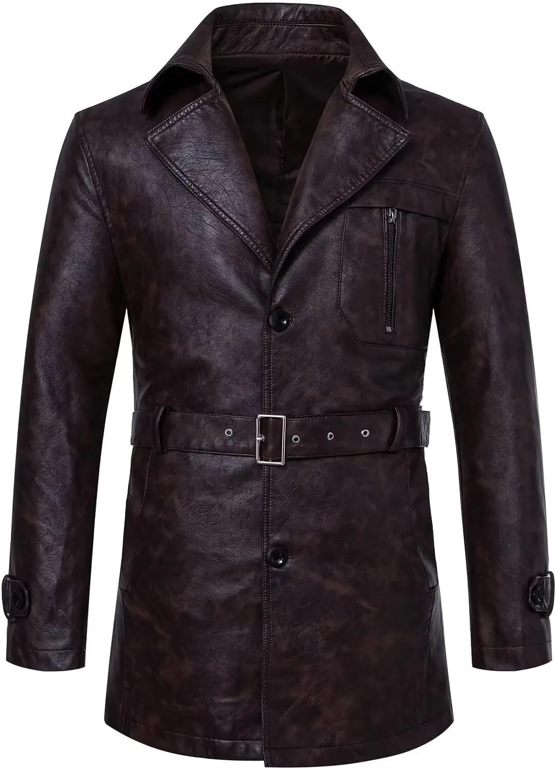 INVACHI Men's Faux Leather Trench Coat Mid-Length PU Motorcycle Jacket with Belt Waterproof Windbreaker
