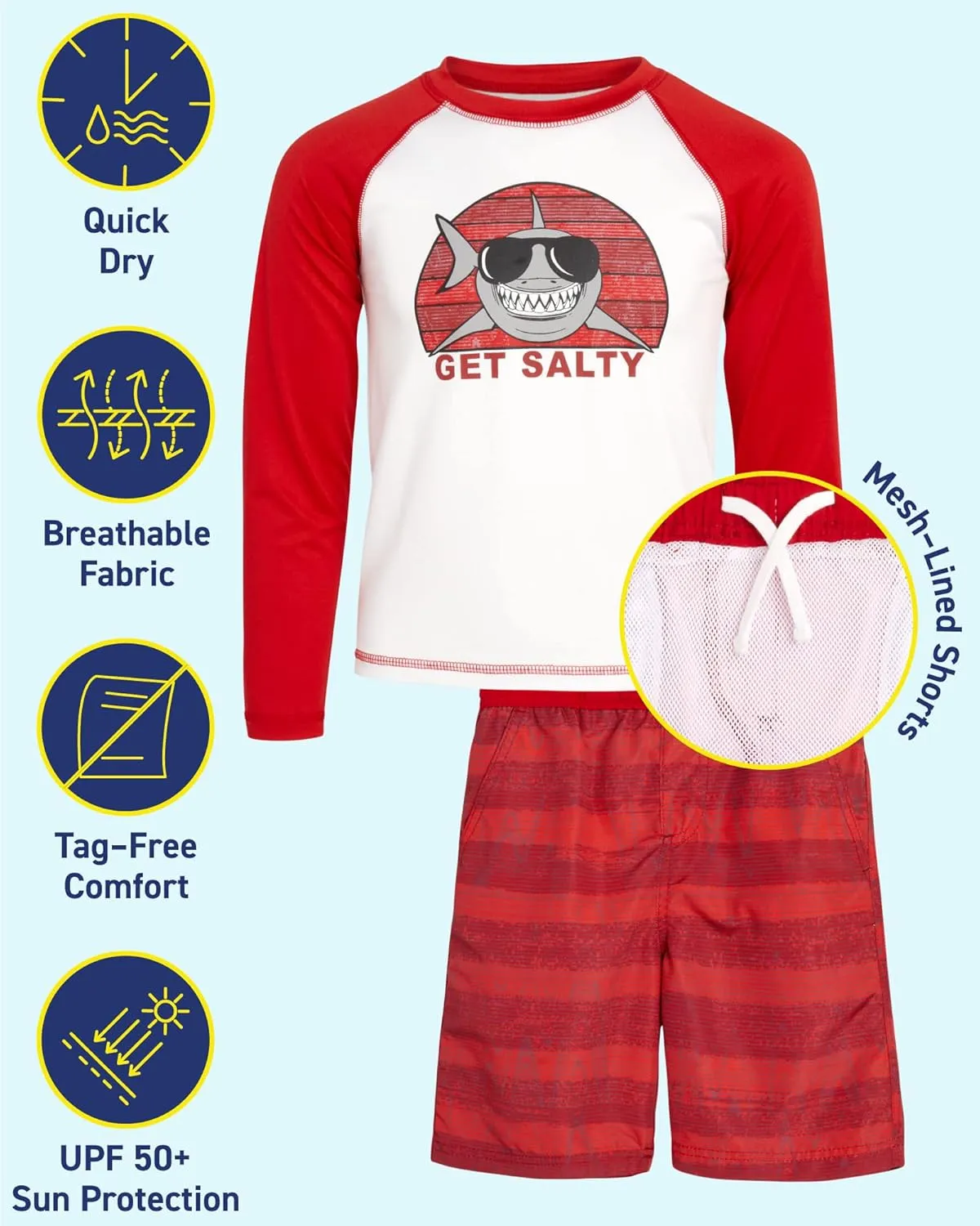 iXtreme Boys Rash Guard Set - 4 Piece UPF 50  Quick Dry Long Sleeve Swim Shirt and Swim Trunks for Boys (Sizes: 5-14)