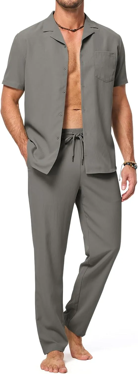 JMIERR Men 2 Piece Beach Vacation Outfit Pants Set Summer Cool Short Sleeve Casual Shirts