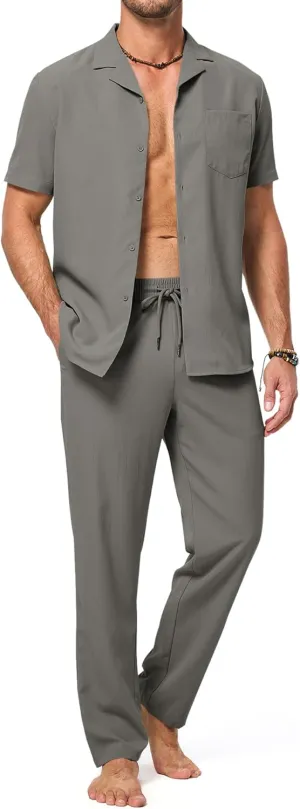 JMIERR Men 2 Piece Beach Vacation Outfit Pants Set Summer Cool Short Sleeve Casual Shirts