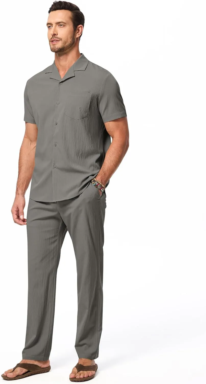 JMIERR Men 2 Piece Beach Vacation Outfit Pants Set Summer Cool Short Sleeve Casual Shirts