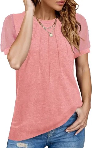 JomeDesign Summer Tops for Women Short Sleeve Crew Neck Pleated Shirts Swiss Dot Puff Sleeve Tshirts Loose Casual Blouses
