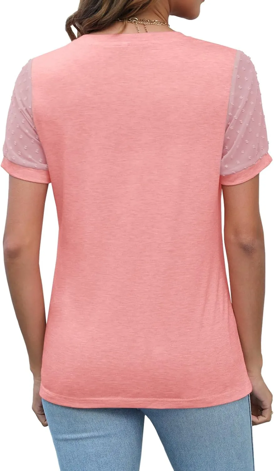 JomeDesign Summer Tops for Women Short Sleeve Crew Neck Pleated Shirts Swiss Dot Puff Sleeve Tshirts Loose Casual Blouses