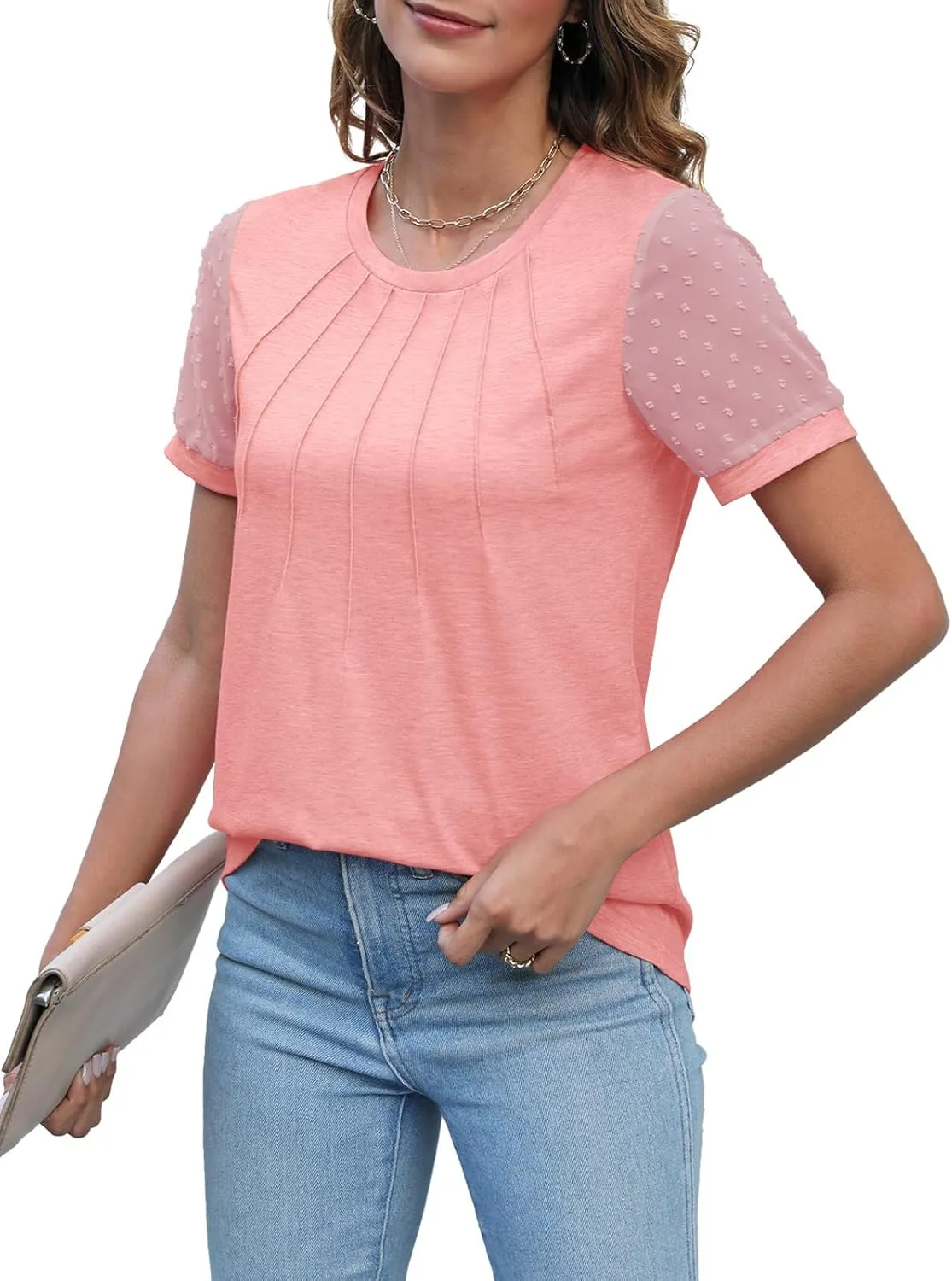 JomeDesign Summer Tops for Women Short Sleeve Crew Neck Pleated Shirts Swiss Dot Puff Sleeve Tshirts Loose Casual Blouses