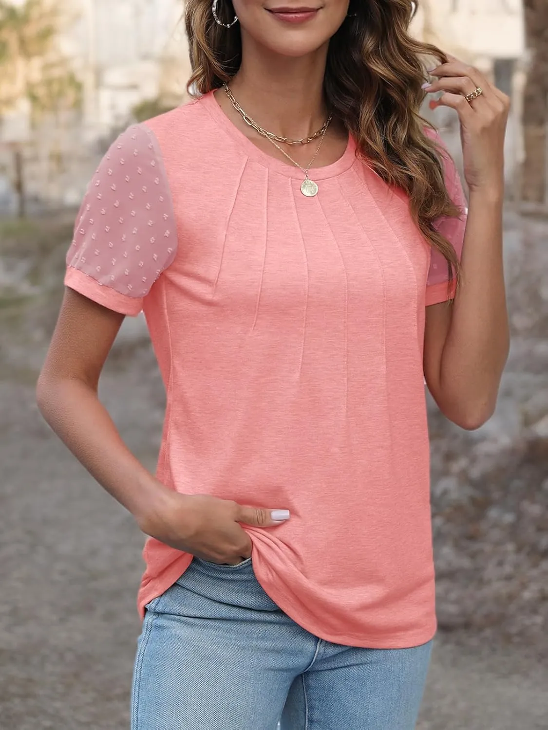 JomeDesign Summer Tops for Women Short Sleeve Crew Neck Pleated Shirts Swiss Dot Puff Sleeve Tshirts Loose Casual Blouses