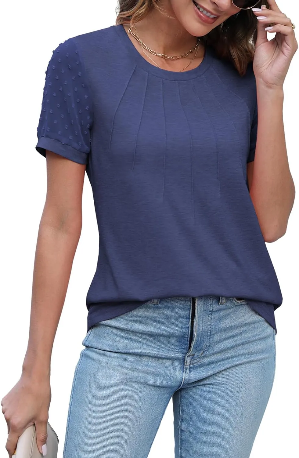 JomeDesign Summer Tops for Women Short Sleeve Crew Neck Pleated Shirts Swiss Dot Puff Sleeve Tshirts Loose Casual Blouses