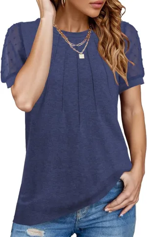 JomeDesign Summer Tops for Women Short Sleeve Crew Neck Pleated Shirts Swiss Dot Puff Sleeve Tshirts Loose Casual Blouses