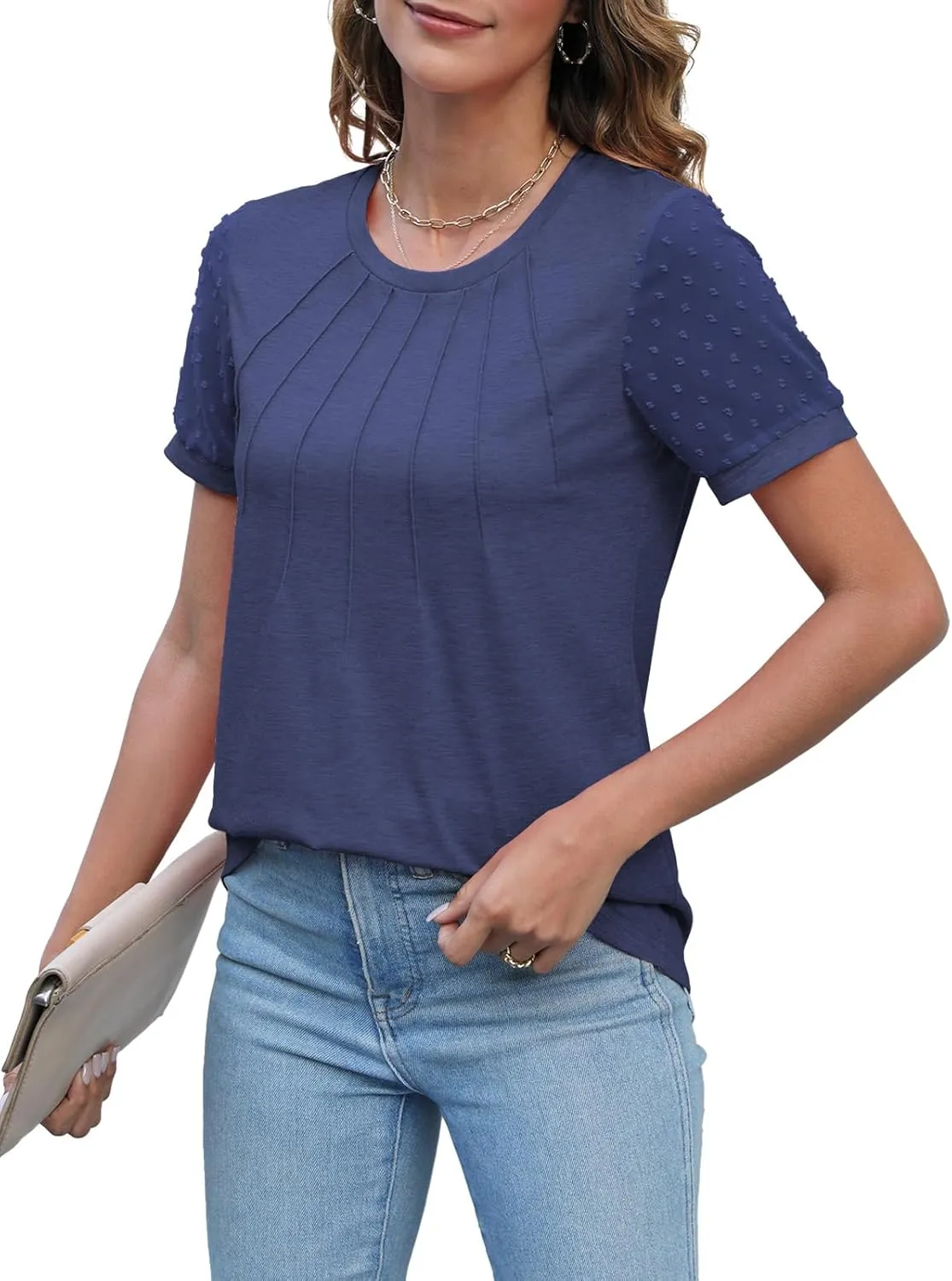 JomeDesign Summer Tops for Women Short Sleeve Crew Neck Pleated Shirts Swiss Dot Puff Sleeve Tshirts Loose Casual Blouses