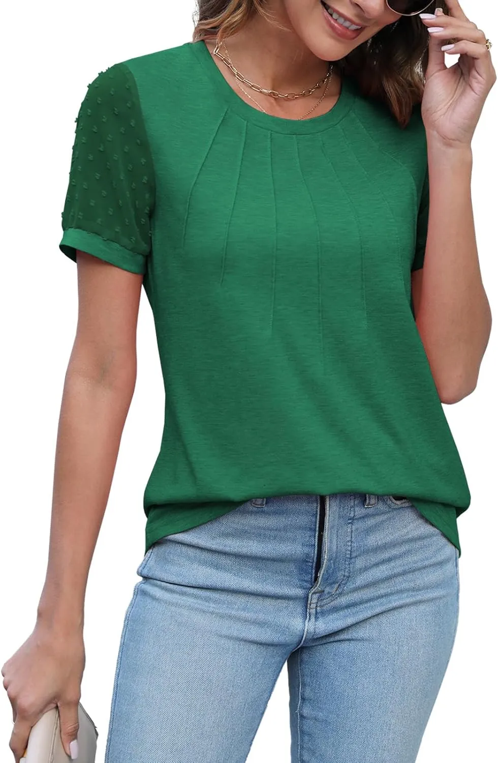JomeDesign Summer Tops for Women Short Sleeve Crew Neck Pleated Shirts Swiss Dot Puff Sleeve Tshirts Loose Casual Blouses