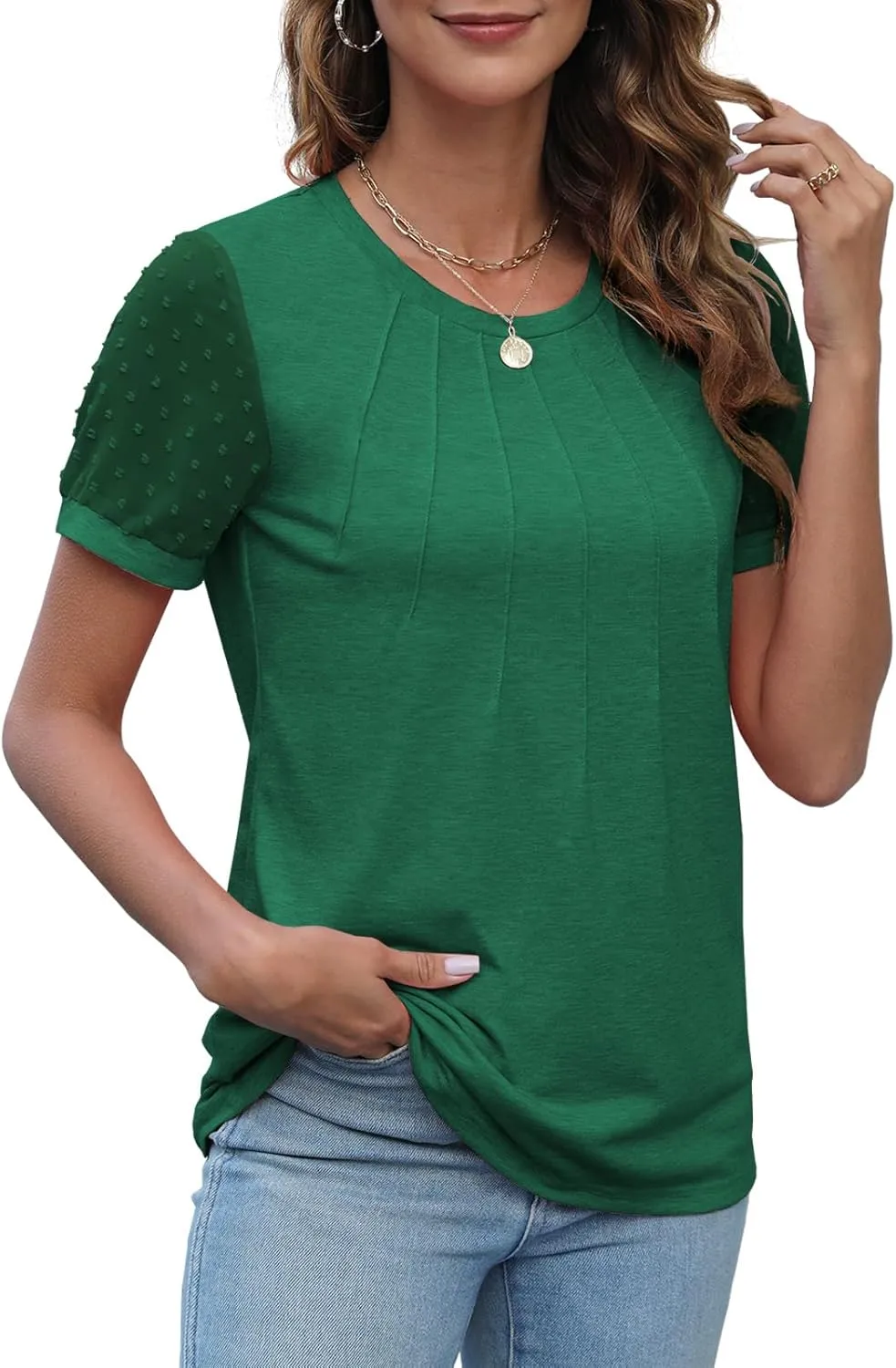 JomeDesign Summer Tops for Women Short Sleeve Crew Neck Pleated Shirts Swiss Dot Puff Sleeve Tshirts Loose Casual Blouses