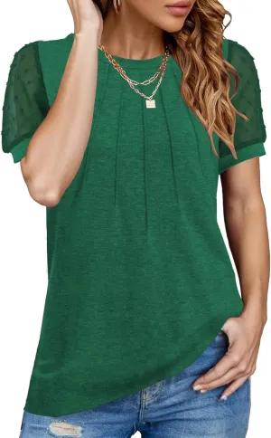 JomeDesign Summer Tops for Women Short Sleeve Crew Neck Pleated Shirts Swiss Dot Puff Sleeve Tshirts Loose Casual Blouses
