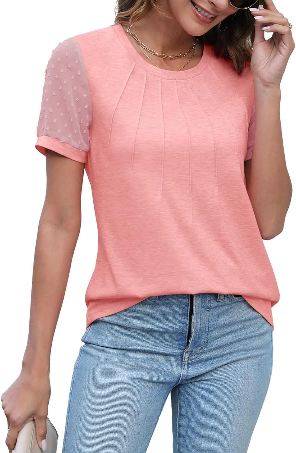 JomeDesign Summer Tops for Women Short Sleeve Crew Neck Pleated Shirts Swiss Dot Puff Sleeve Tshirts Loose Casual Blouses