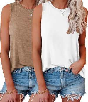 KKJ 2 Pack Womens Tank Tops 2025 Summer Beach Vacation Fashion Outfits Crew Neck Sleeveless Loose Fit Casual Shirts Clothes