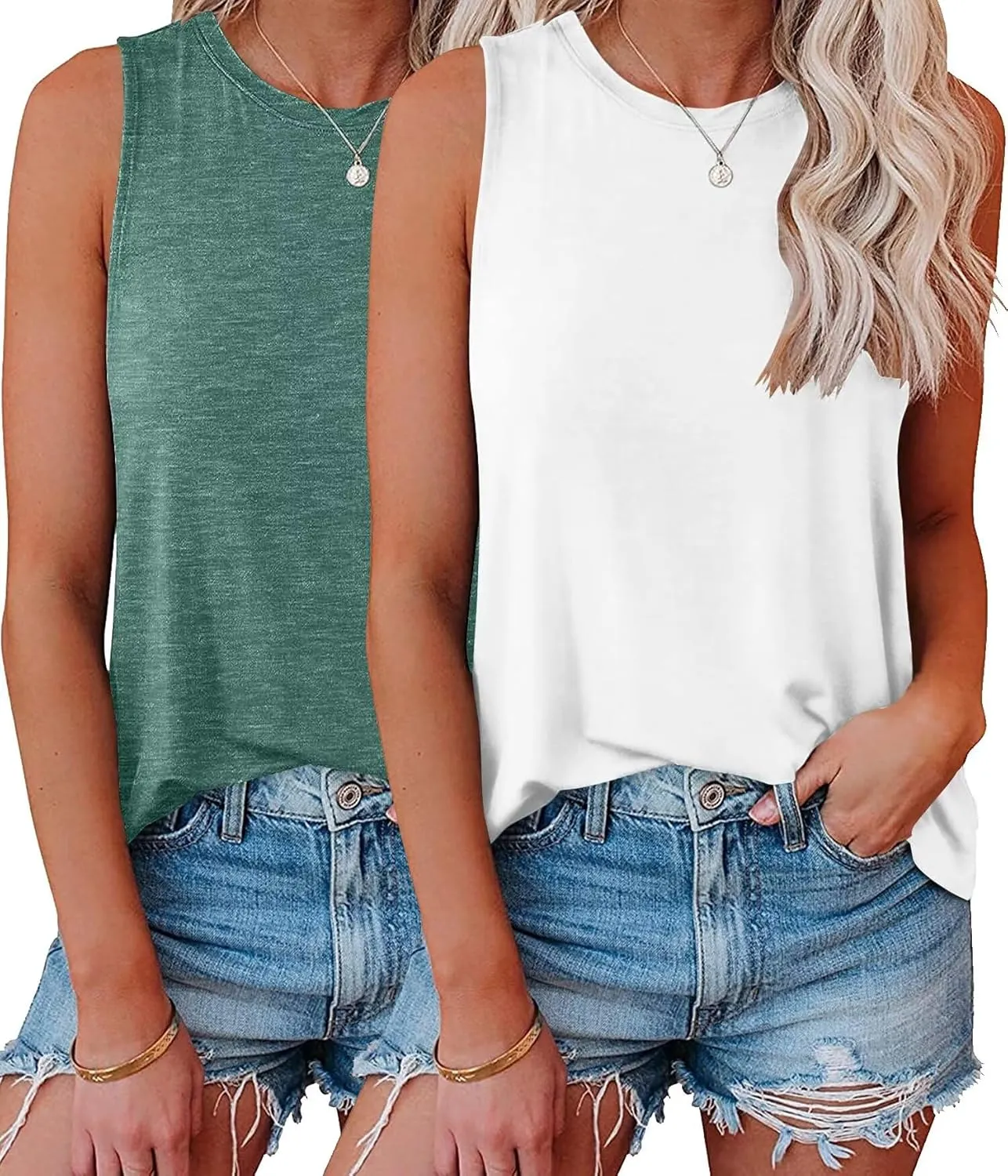 KKJ 2 Pack Womens Tank Tops 2025 Summer Beach Vacation Fashion Outfits Crew Neck Sleeveless Loose Fit Casual Shirts Clothes