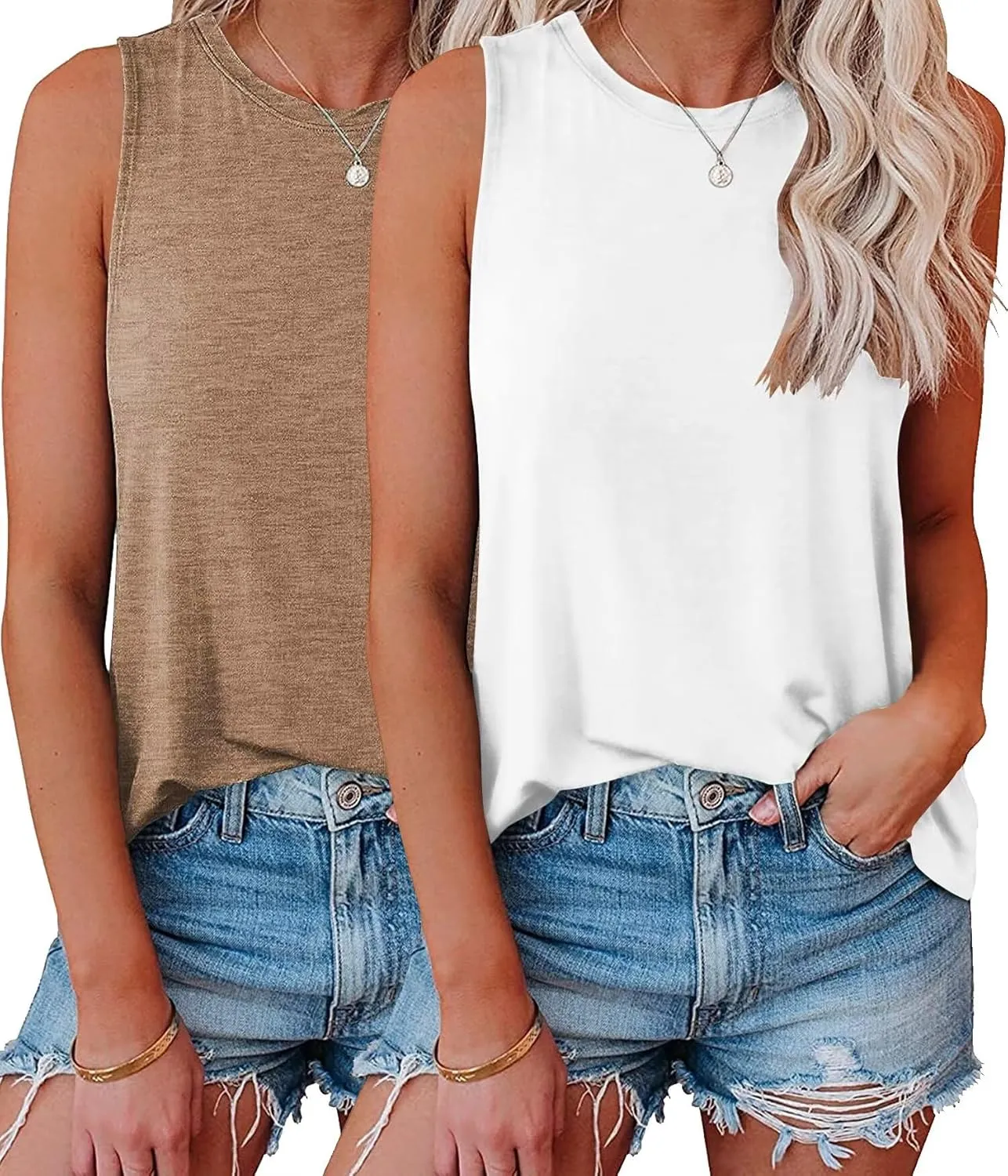 KKJ 2 Pack Womens Tank Tops 2025 Summer Beach Vacation Fashion Outfits Crew Neck Sleeveless Loose Fit Casual Shirts Clothes