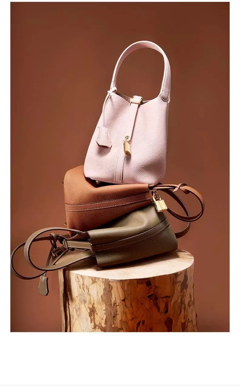 Leather Ladies Fashion Simple Handbag Designer Clutch Tote Bag for Women Ethnic Vintage Small Bucket - Vegetable Basket Bag