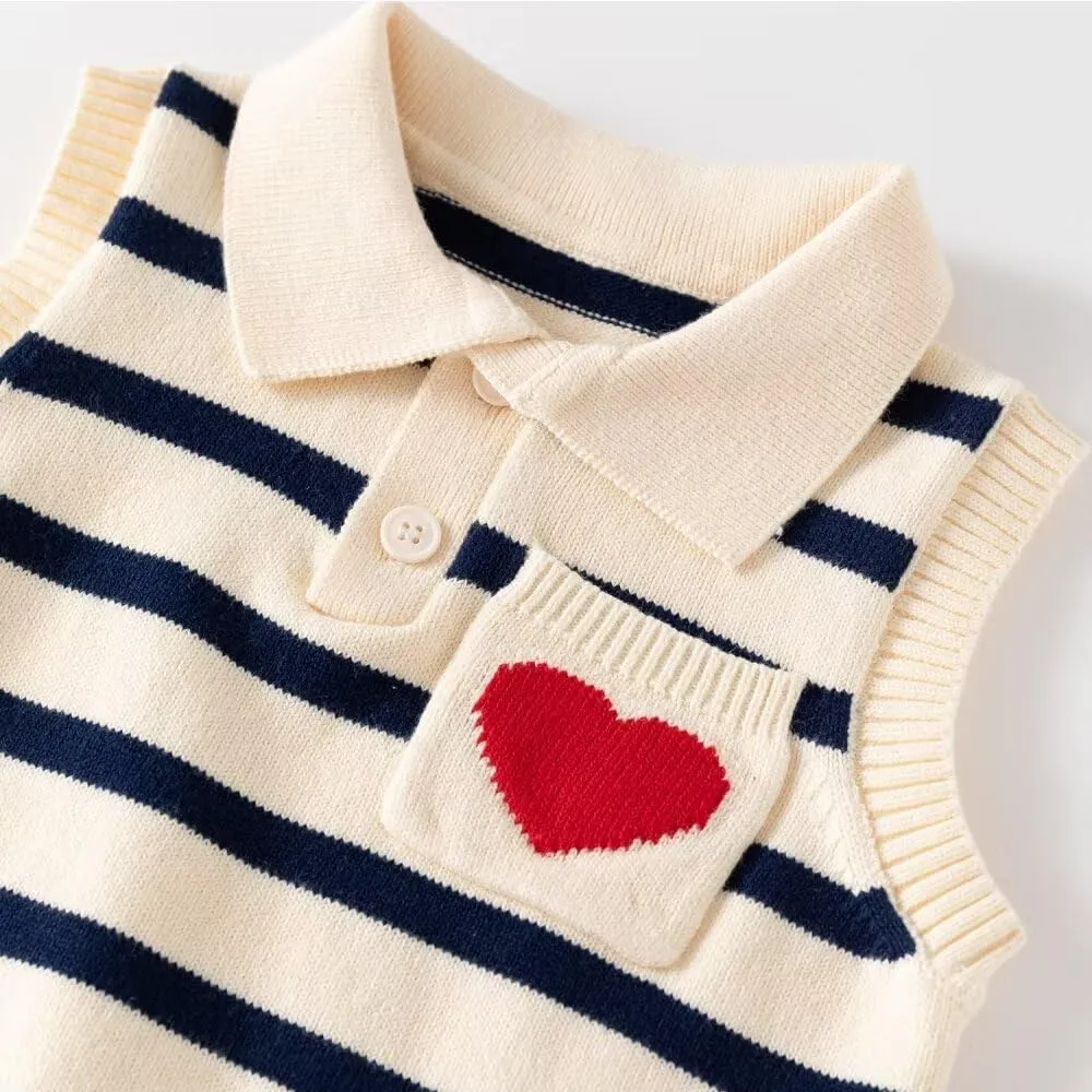 Little Boy Heart Striped Sweater Vest,Baby Girl Khaki Knit Waistcoat,Toddler Top