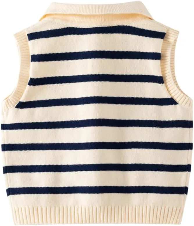 Little Boy Heart Striped Sweater Vest,Baby Girl Khaki Knit Waistcoat,Toddler Top