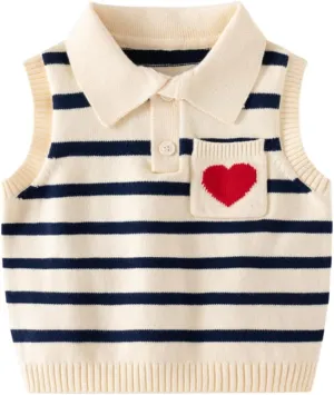 Little Boy Heart Striped Sweater Vest,Baby Girl Khaki Knit Waistcoat,Toddler Top