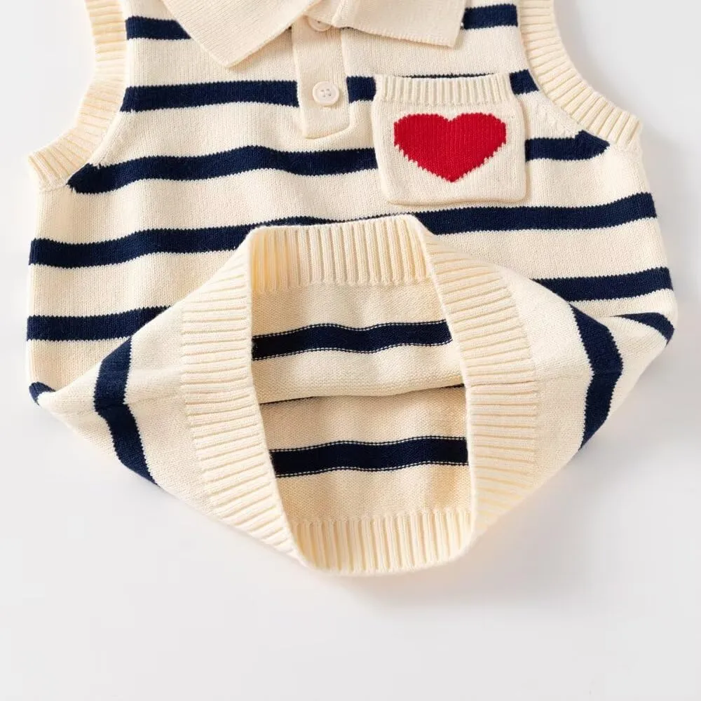 Little Boy Heart Striped Sweater Vest,Baby Girl Khaki Knit Waistcoat,Toddler Top