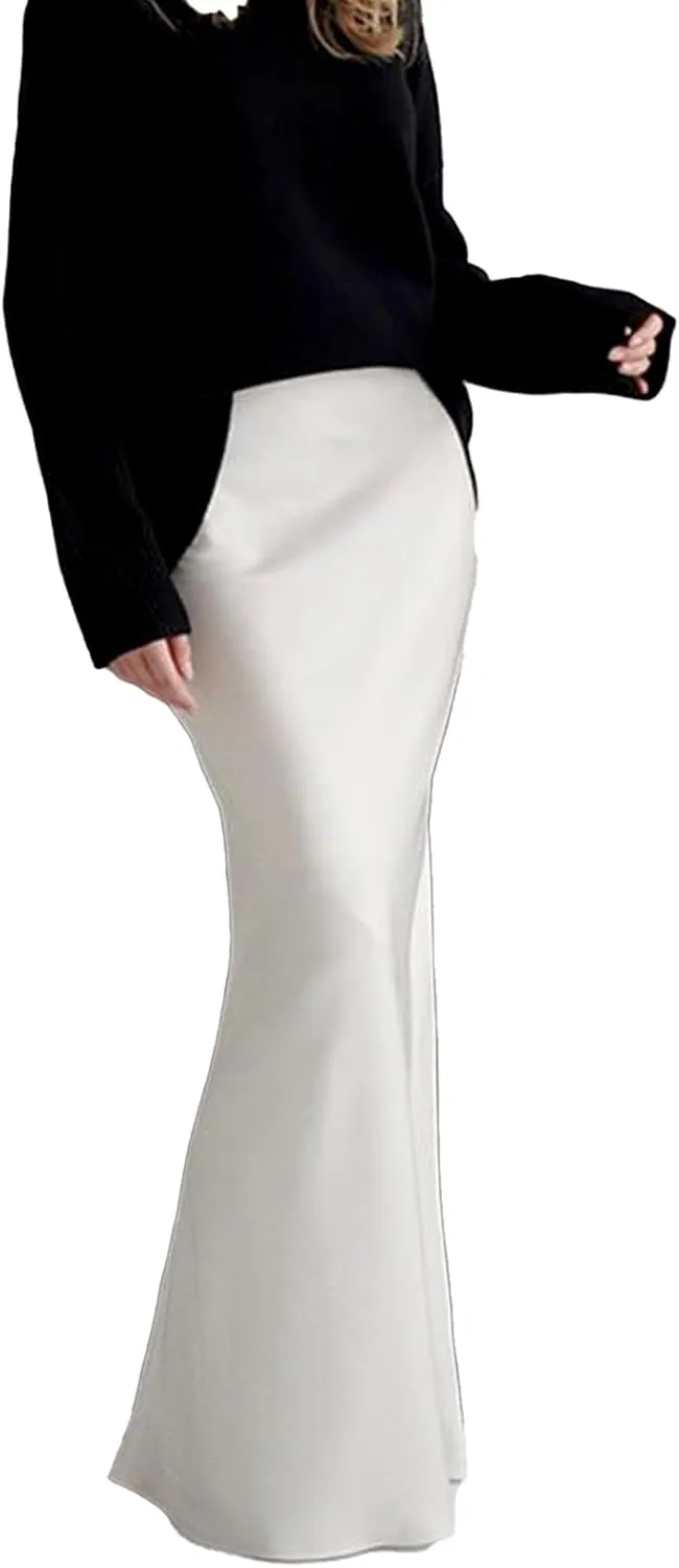 Maxi Skirt for Women White Medium High Waisted Skirt Casual Plaid Long Skirt Colorful Polyester Mermaid Skirt