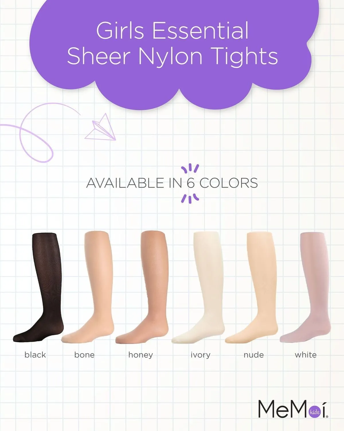 MeMoi Essential Sheer Nylon Tights for Girls, Ultra Soft and Lightweight Opaque Girls Tights - Sizes A-12