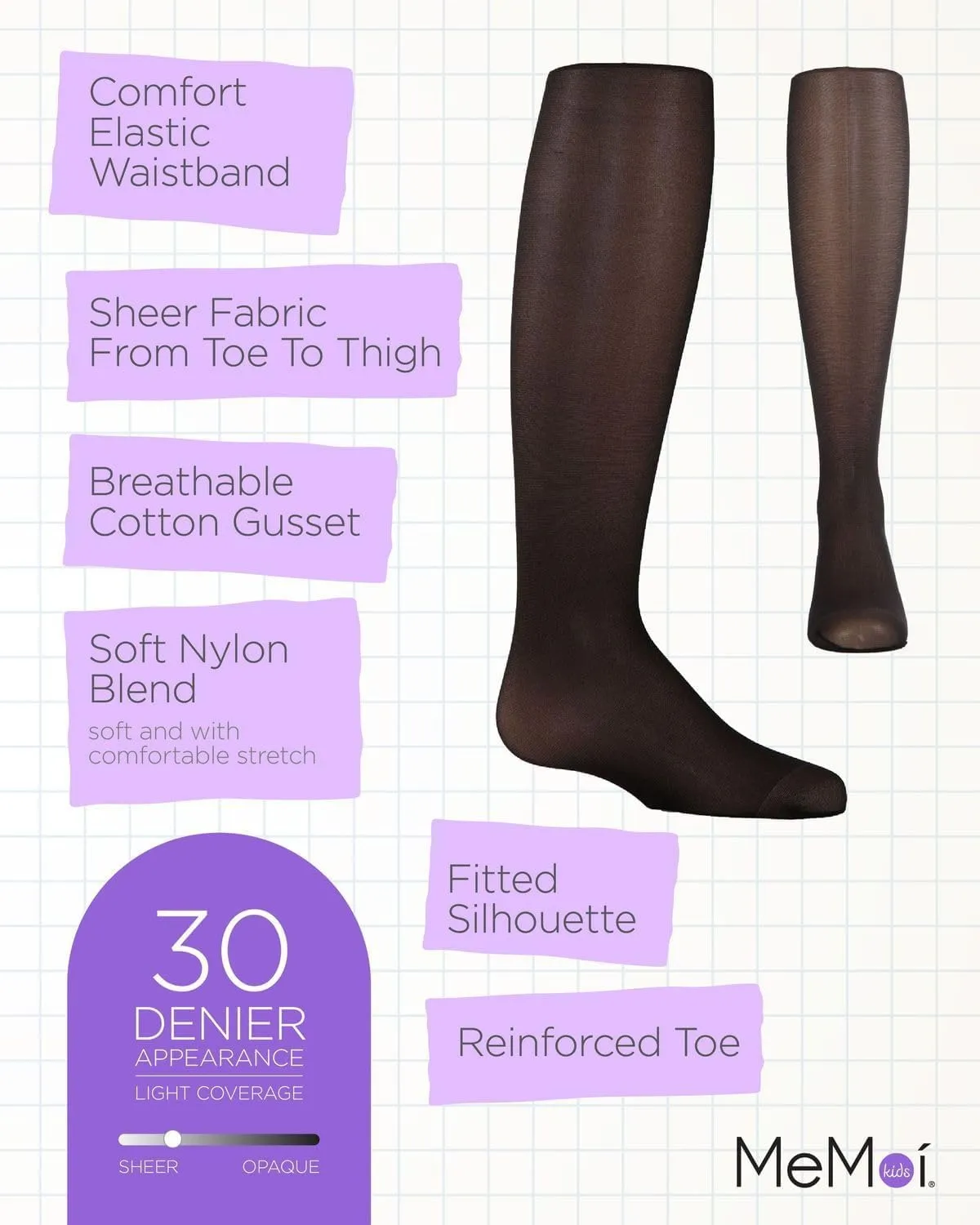 MeMoi Essential Sheer Nylon Tights for Girls, Ultra Soft and Lightweight Opaque Girls Tights - Sizes A-12