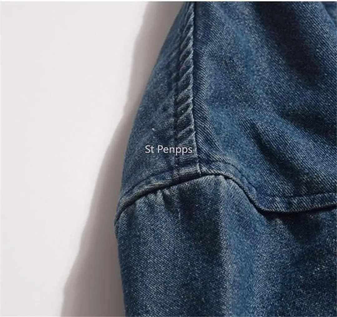 Men's Large Pocket V-Neck Japanese Vintage Denim Jacket