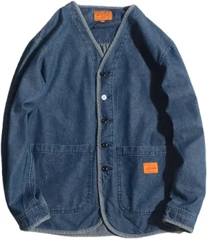 Men's Large Pocket V-Neck Japanese Vintage Denim Jacket