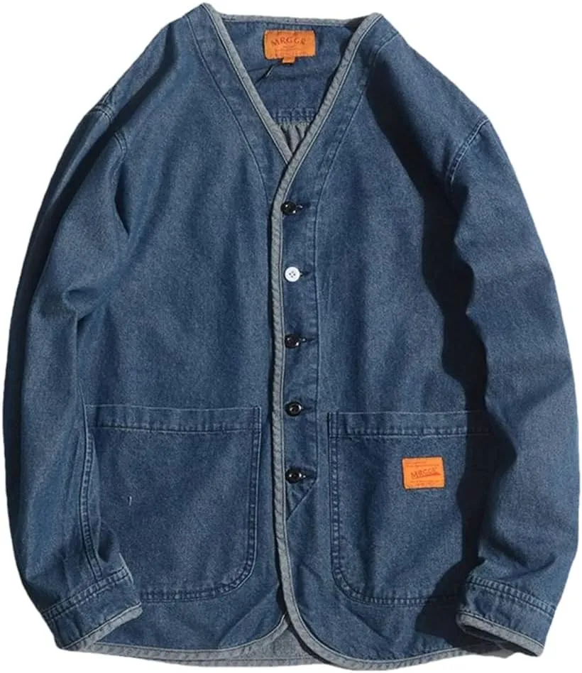 Men's Large Pocket V-Neck Japanese Vintage Denim Jacket