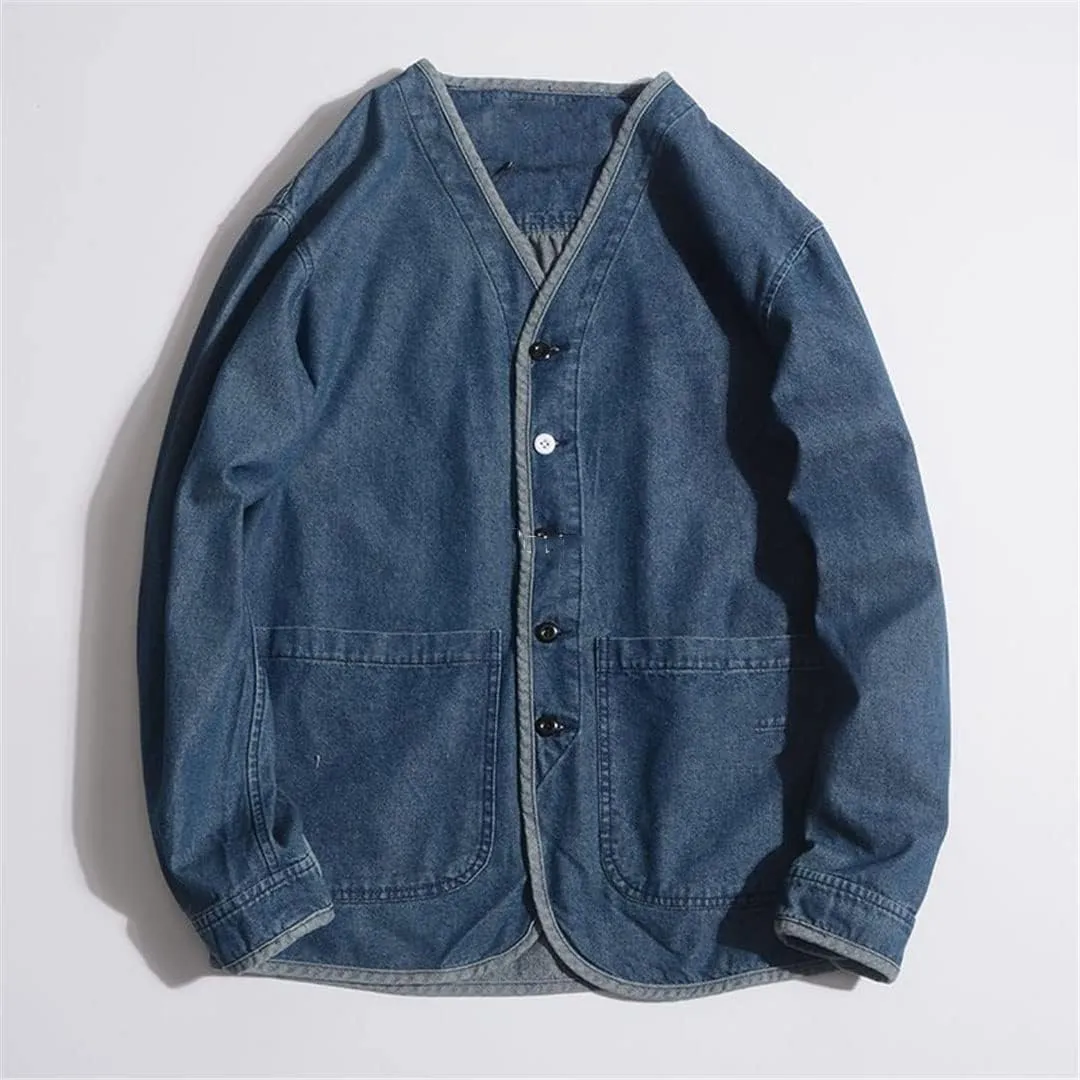 Men's Large Pocket V-Neck Japanese Vintage Denim Jacket