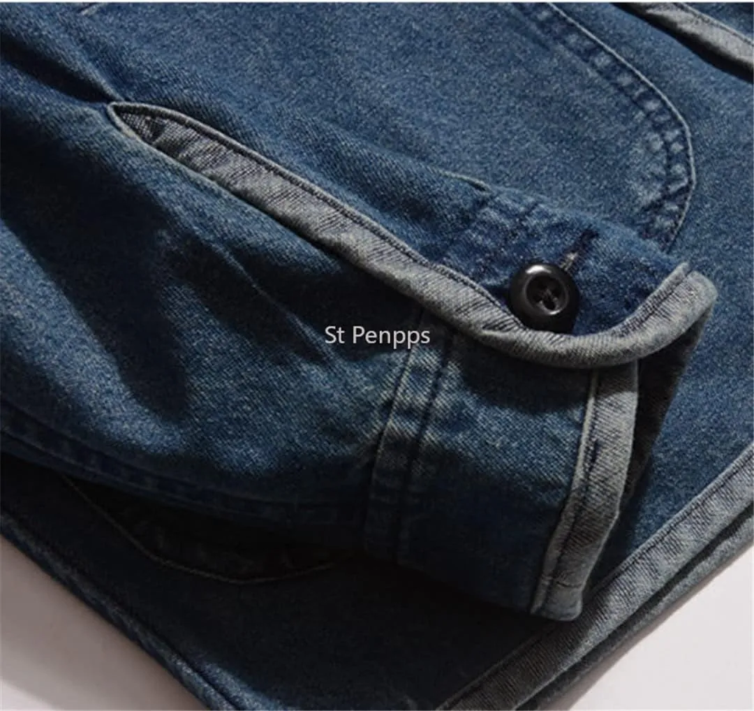 Men's Large Pocket V-Neck Japanese Vintage Denim Jacket