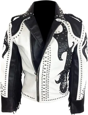 Mens Studded Leather Jacket Rock Punk - Brando Motorcycle Black Biker Spiked Jacket