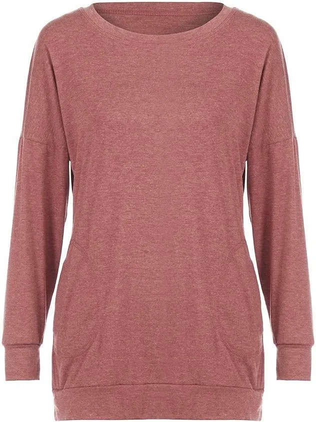 Muyise Womens Casual Long Sleeve Tunic Tops Solid Color Crew Neck Comfy Pullover Sweatshirts Loose Fit Blouses with Pockets