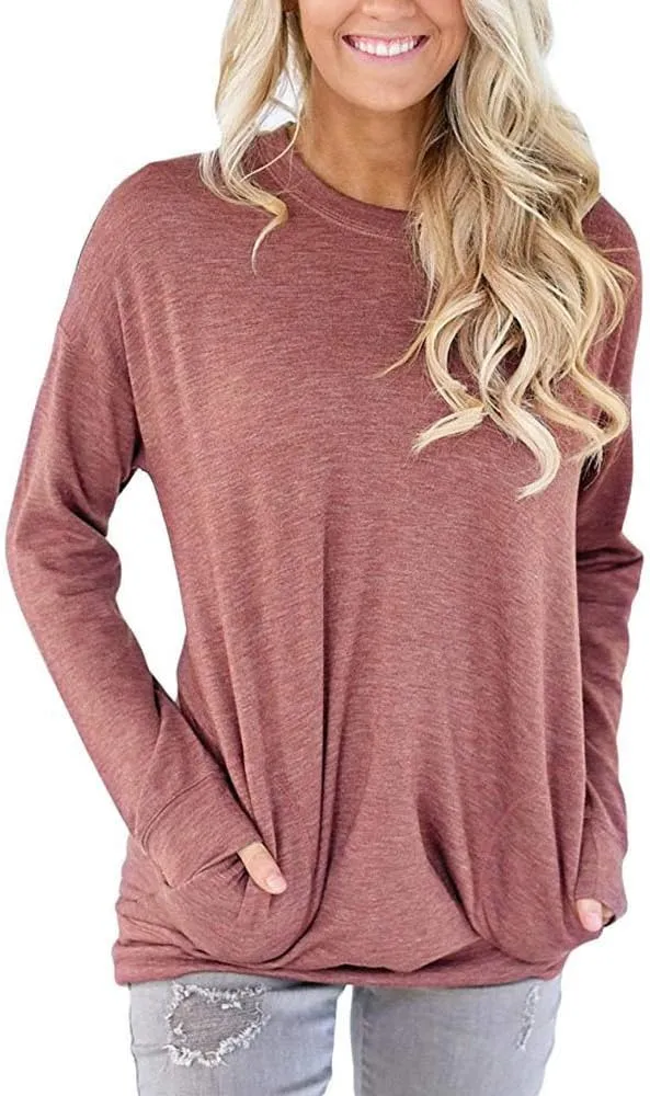 Muyise Womens Casual Long Sleeve Tunic Tops Solid Color Crew Neck Comfy Pullover Sweatshirts Loose Fit Blouses with Pockets