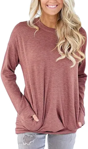 Muyise Womens Casual Long Sleeve Tunic Tops Solid Color Crew Neck Comfy Pullover Sweatshirts Loose Fit Blouses with Pockets