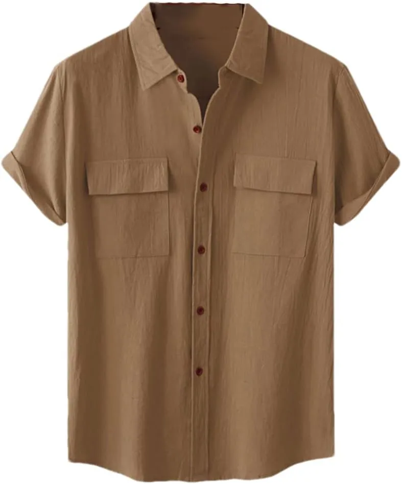 Niiyyjj Double Pocket Cotton Linen Shirt Men Summer Short Sleeve Casual Button Down Shirts Mens