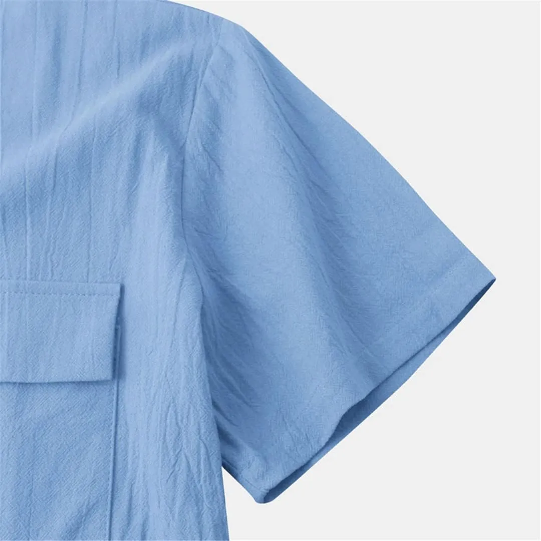 Niiyyjj Double Pocket Cotton Linen Shirt Men Summer Short Sleeve Casual Button Down Shirts Mens