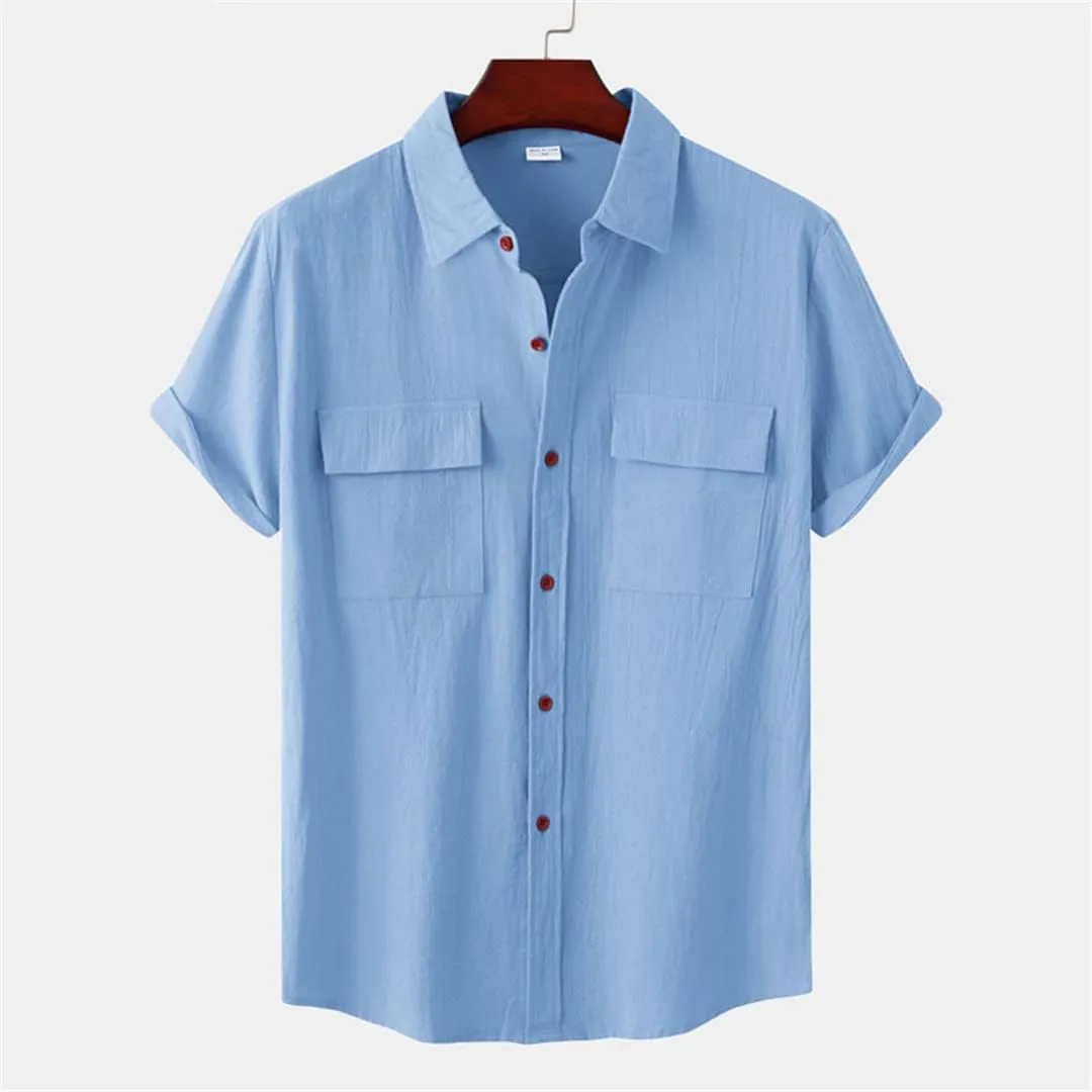 Niiyyjj Double Pocket Cotton Linen Shirt Men Summer Short Sleeve Casual Button Down Shirts Mens