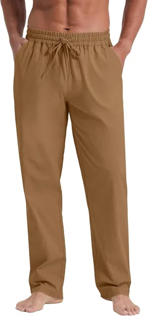 NITAGUT Mens Linen Pants Casual Elastic Waist Drawstring Lightweight Summer Beach Trousers with Pockets