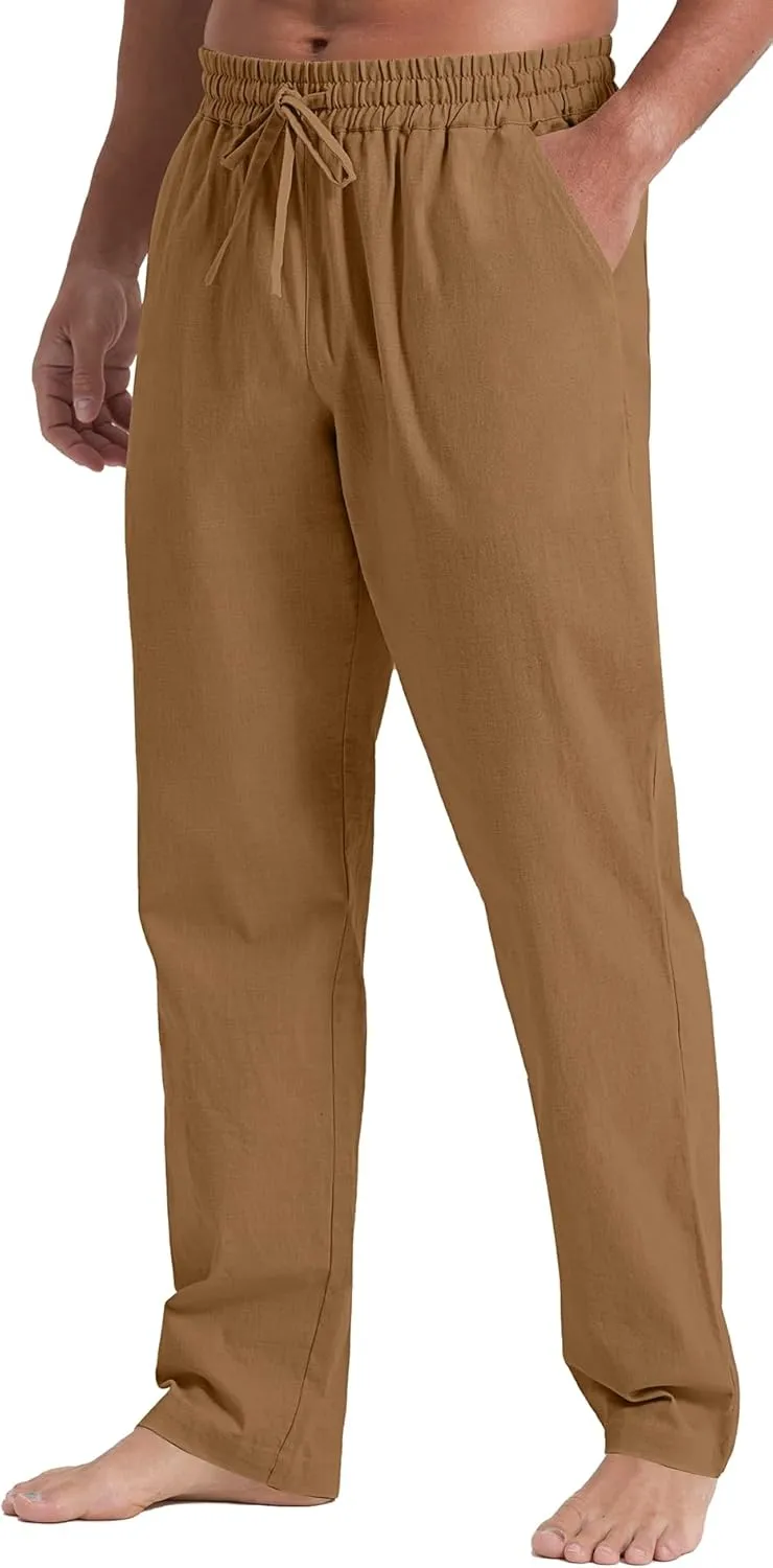 NITAGUT Mens Linen Pants Casual Elastic Waist Drawstring Lightweight Summer Beach Trousers with Pockets